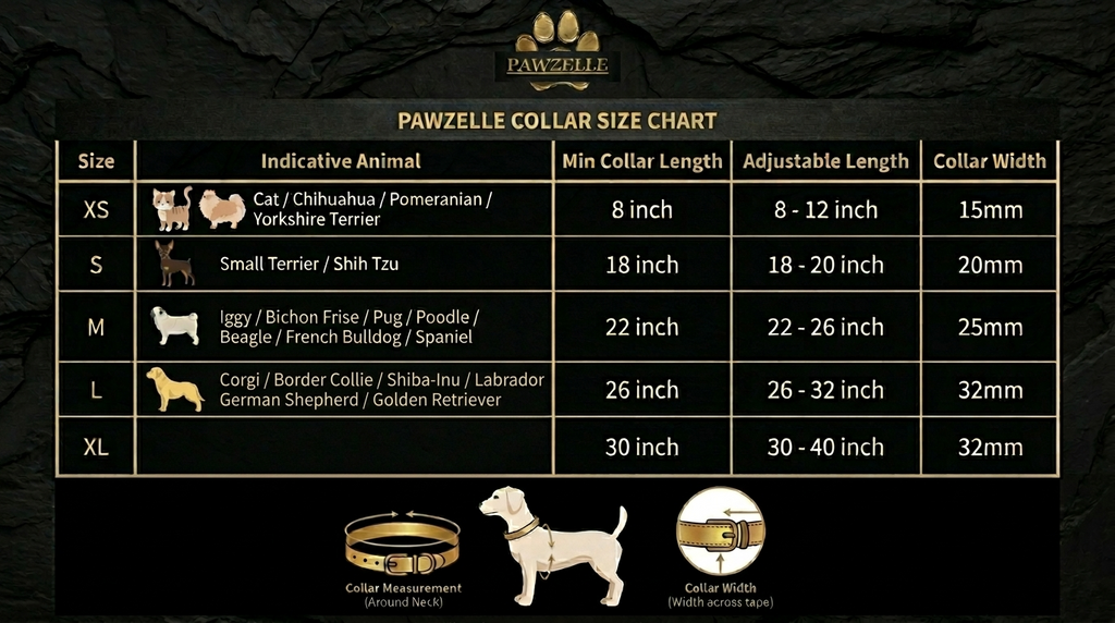 Pawzelle collar size chart with animal illustrations and measurements 